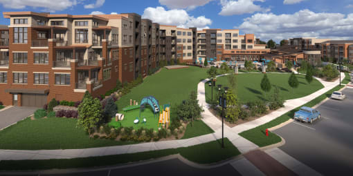 a rendering of a park with a playground in front of an apartment building