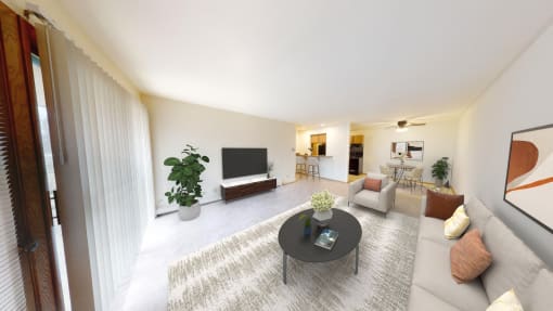 a living room with a couch and a table
