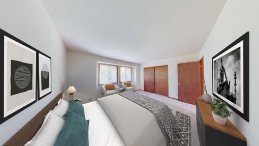 a bedroom with a large bed and two windows
