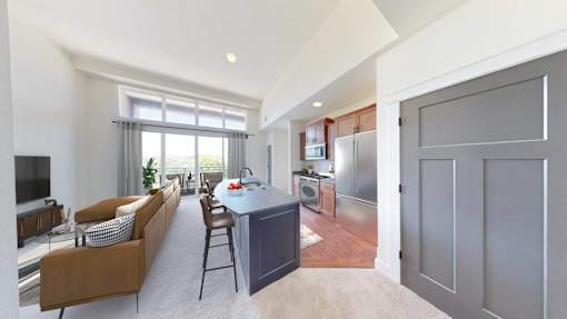 a kitchen with a blue counter top in a living room