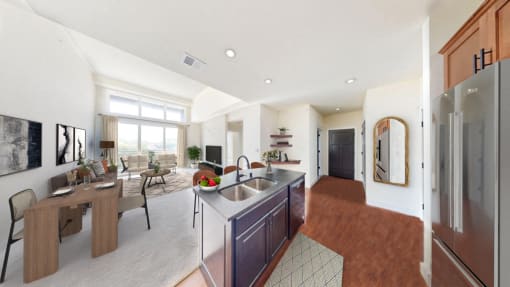 a living room with a kitchen and a dining room