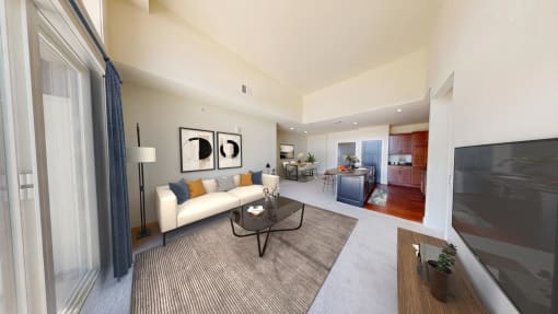 a living room with a couch and a table