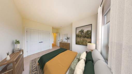 A bedroom with a bed, a nightstand, and a painting on the wall.