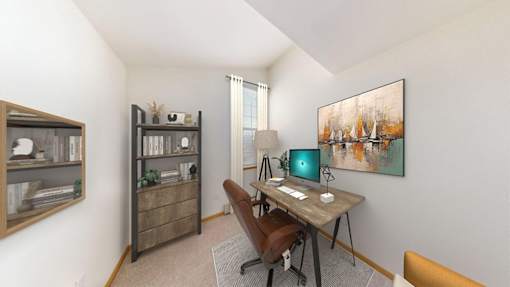 A room with a desk, chair, and bookshelf.