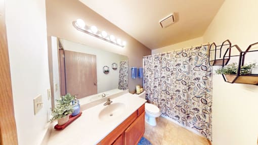 A bathroom with a sink, mirror, and toilet.