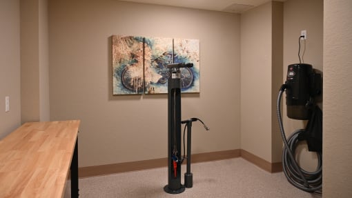 a room with a vacuum cleaner and a painting on the wall