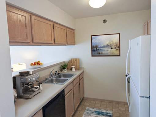 a kitchen with a sink and a refrigerator