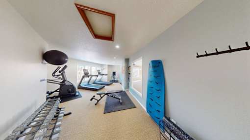 A room with a treadmill, exercise equipment, and a blue exercise mat.