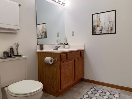 a bathroom with a toilet sink and a mirror
