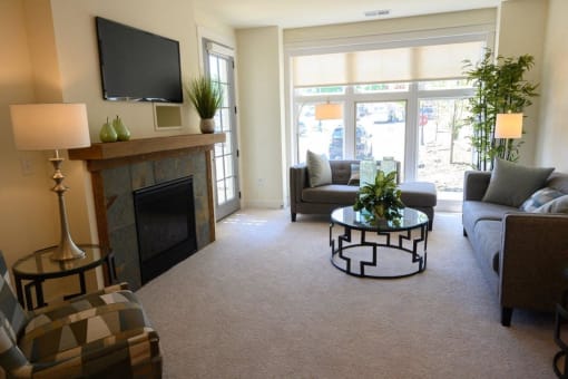 a living room with a fireplace and a television