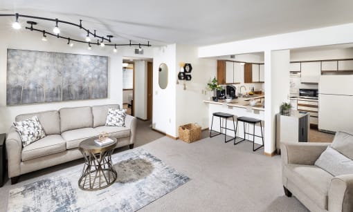 a living room with a couch and a table