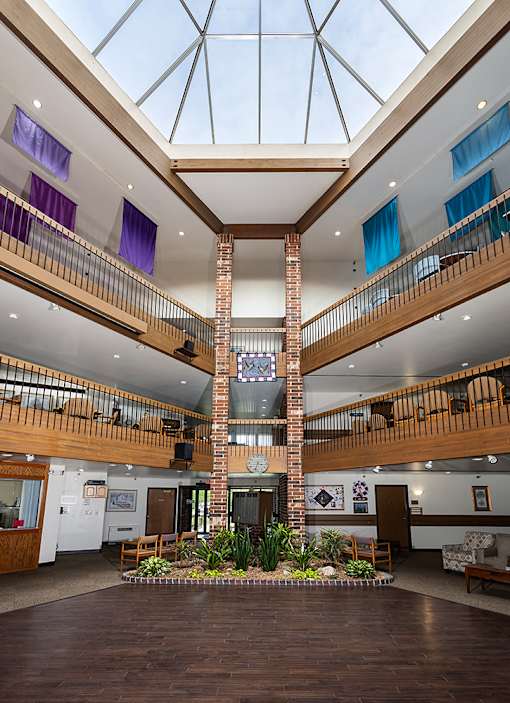 a view of the lobby of a building with arium