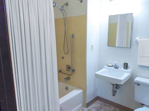 a bathroom with a shower and a sink and a shower curtain