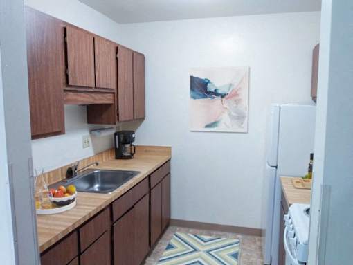 a kitchen with a sink and a refrigerator