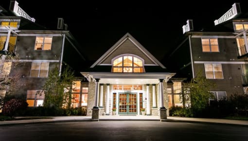 a night shot of the front of the hotel