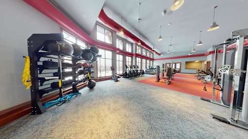 A gym with a variety of equipment including weights and exercise machines.