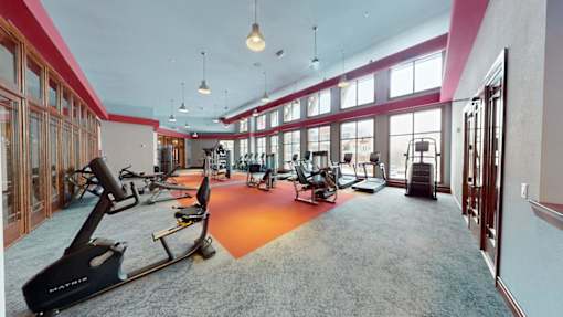 A gym with treadmills and exercise equipment.
