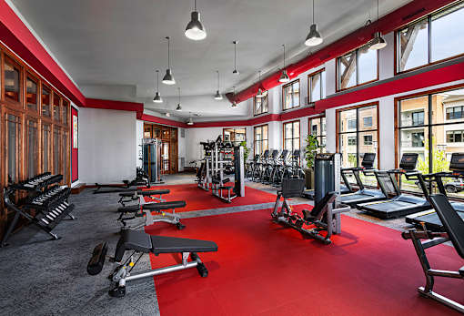 A gym with a red carpet and various exercise equipment.