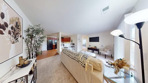 A living room with a couch and a lamp.