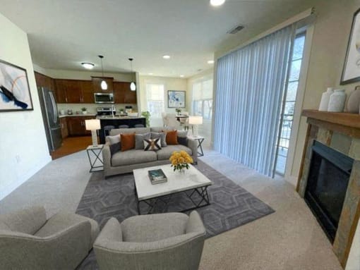 a living room with a couch and a table