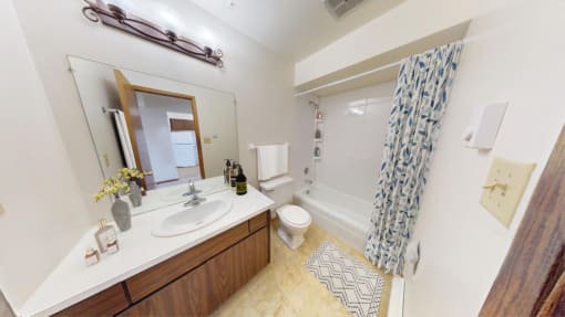 a bathroom with a sink and a shower and a toilet