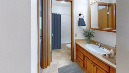 A bathroom with a sink, mirror, and shower.