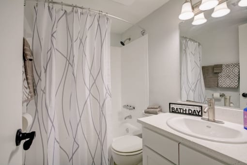 a bathroom with a shower curtain and a sink and a toilet