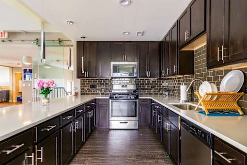 A kitchen with black cabinets and a stainless steel oven.