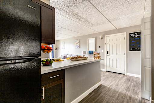 A kitchen with a black fridge and a white door.