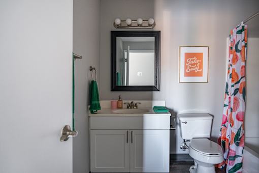 A bathroom with a white toilet, a sink with a mirror above it, and a shower curtain.