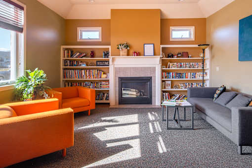 A living room with a fireplace and a bookshelf.