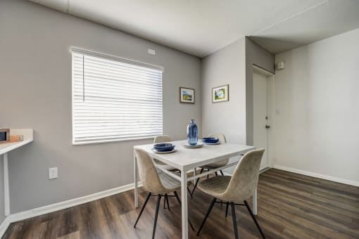 our redesigned dining room with a table and chairs and a window
