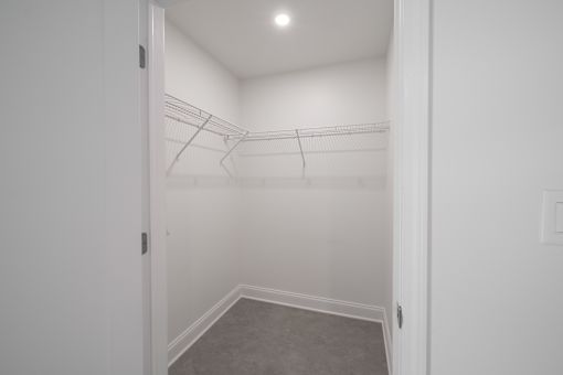 A white closet with a grey carpet and a white door.