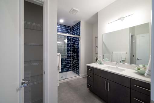 A bathroom with a walk-in shower and double sink vanity.