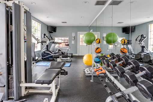 A gym with a variety of equipment including treadmills, weight machines, and dumbbells.