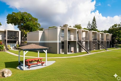 A row of modern houses with a picnic table in the foreground.