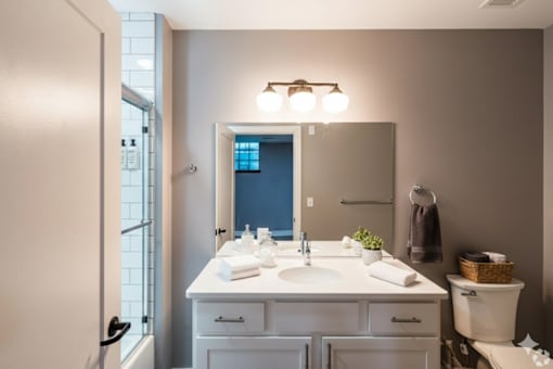 A bathroom with a white vanity and a mirror above it.