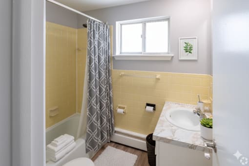 A bathroom with a yellow tiled shower and a white sink.