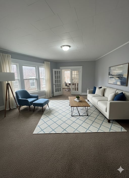 A living room with a blue chair, a white couch, and a coffee table.