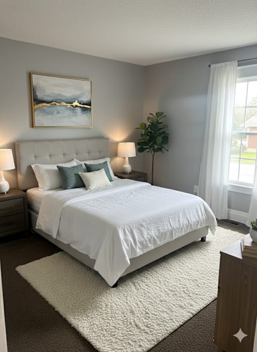 A bedroom with a large bed and a painting on the wall.