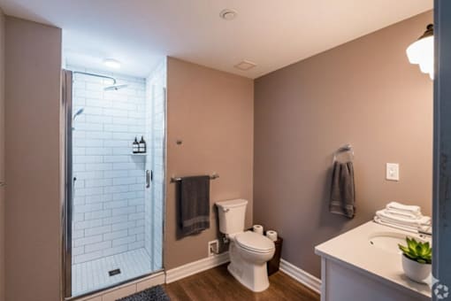A bathroom with a toilet, sink, and shower.