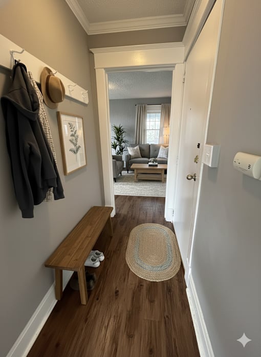 A hallway with a bench, coat rack, and a hat hanging on the wall.