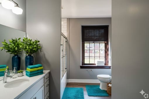A bathroom with a toilet, sink, and a window.