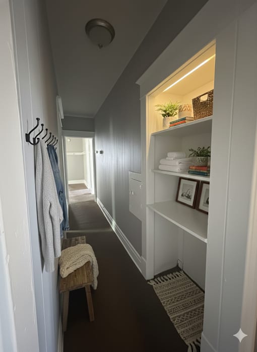 A hallway with a bench and a coat rack.