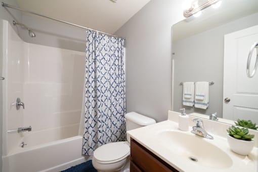 A white bathroom with a toilet, sink, and shower. at Willowbrooke Apartments & Townhomes, Brockport, NY
