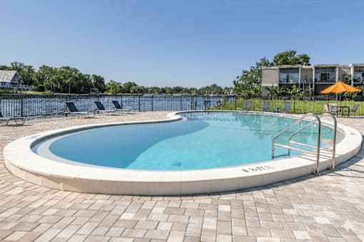 A round swimming pool with a white border and a white coping.