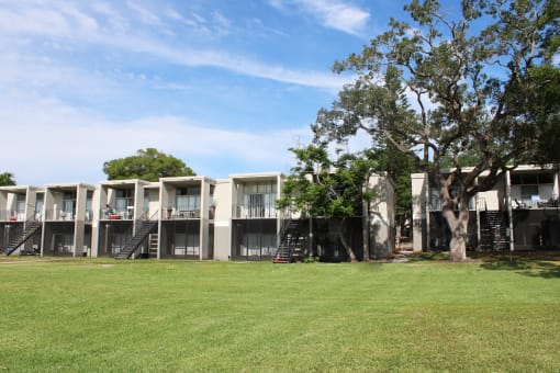 a row of apartments with a grassy area in the foreground and trees in the background