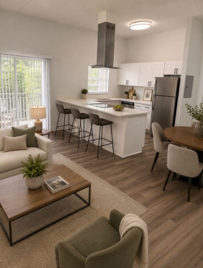 A modern kitchen with a dining table and chairs.