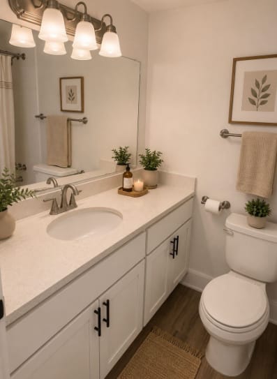 A white toilet sits next to a sink in a bathroom.