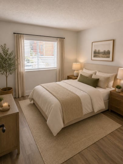 A bedroom with a large bed and a small tree.